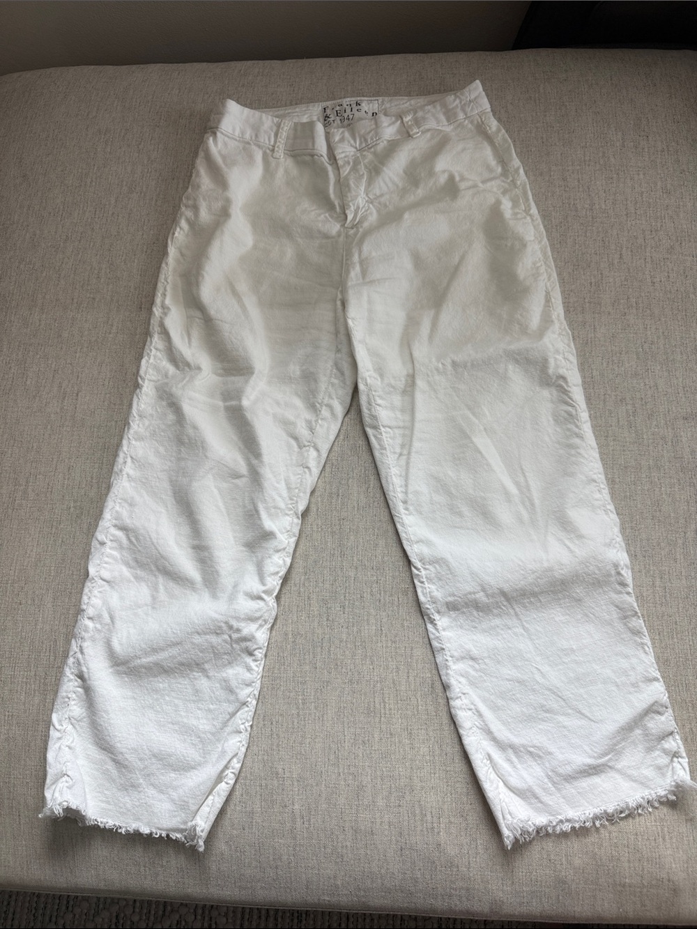 Frank & Eileen White Cotton Trousers with frayed hem